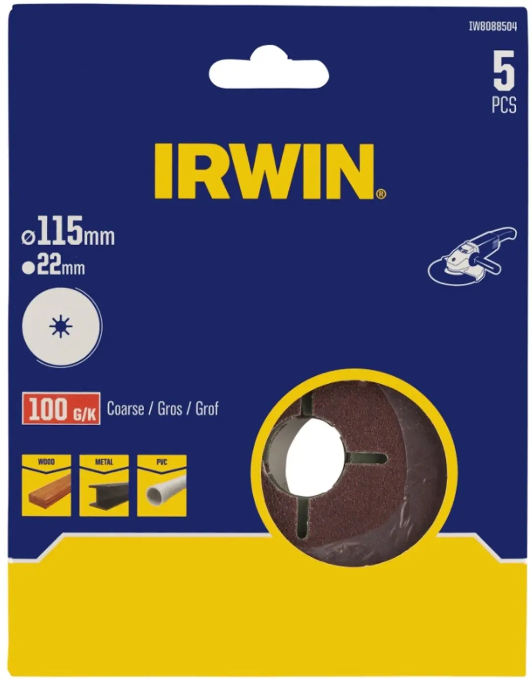 Irwin schuurschijf voor haakse slijper Ø115 mm korrelgrootte K100 5 stuks