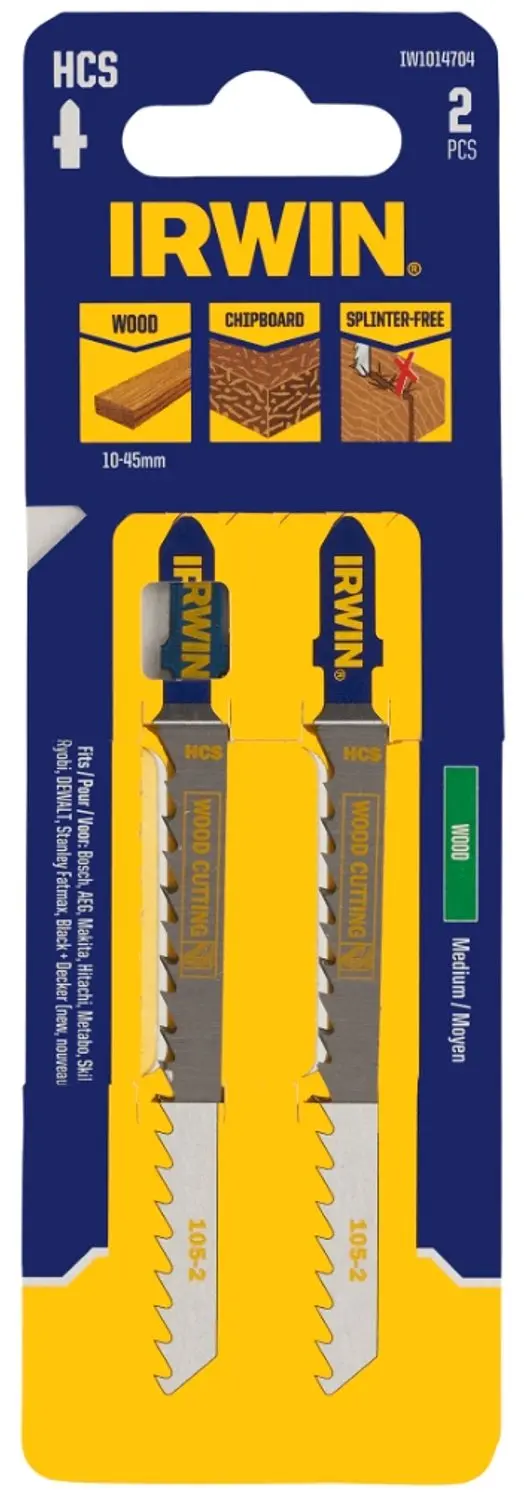 Irwin decoupeerzaagblad met T-aansluiting, voor hout, medium vertanding, 2 stuks
