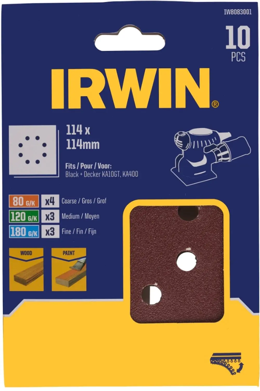 Irwin schuurvel 115 x 115 mm K80/K120/K180 zelfhechtend, met perforatie, 10 stuk