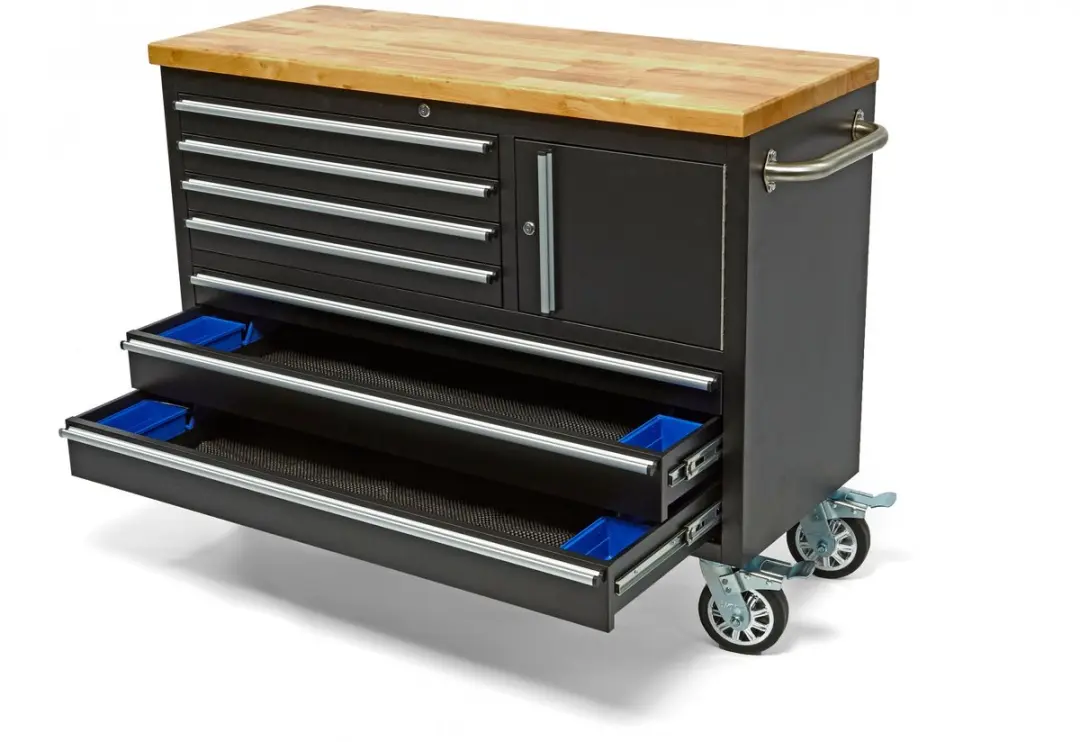 HBM verrijdbare gereedschapswagen met houten werkblad 122 cm, 7 laden, slot, zwa