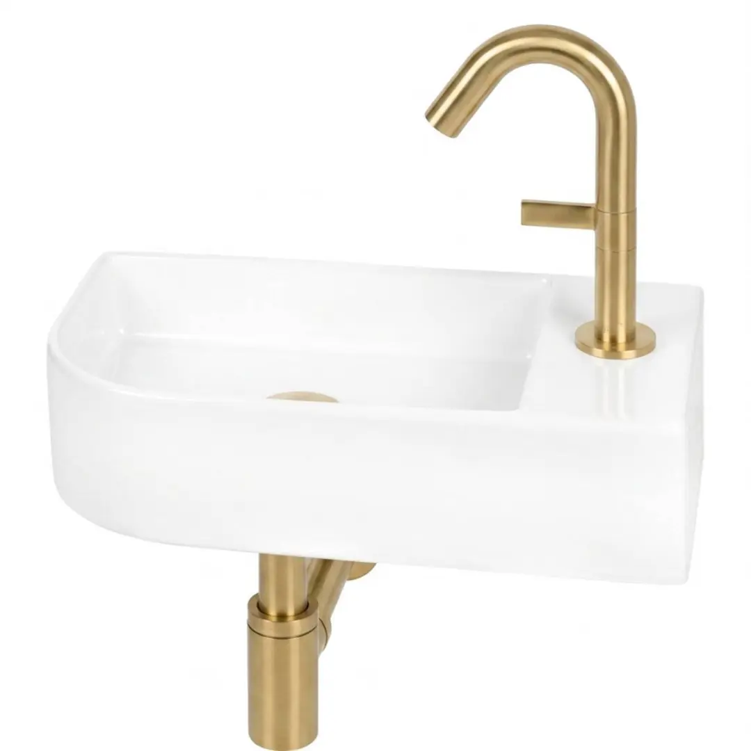 Saqu Olivo fonteinset afgerond glans wit keramiek incl. geborsteld messing kraan
