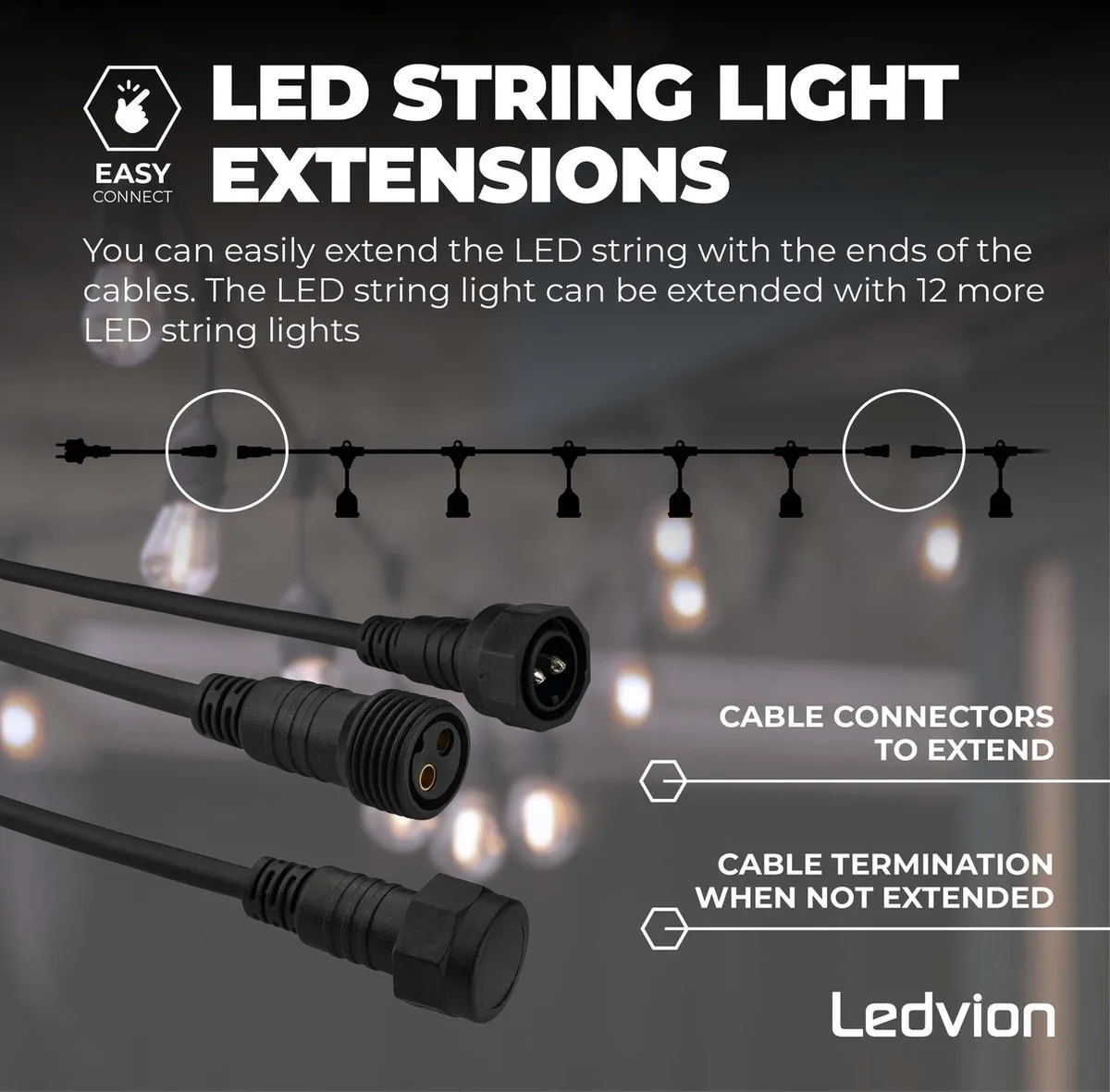 LEDVION Prikkabel 40M - 40x E27 LED 40W 2100K - Zwart