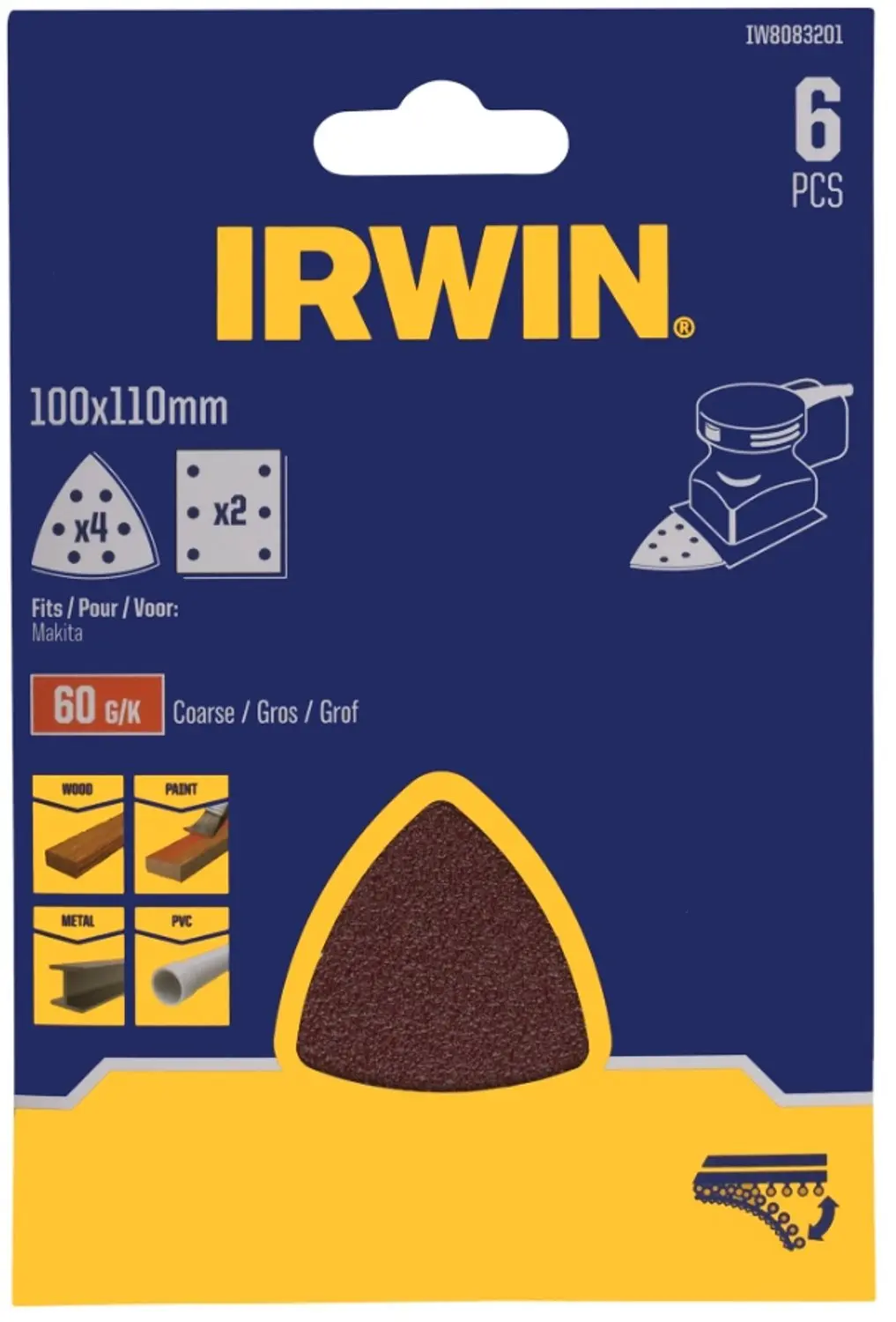 Irwin schuurvel voor Makita Tristar, zelfklevend K60, 6 stuks
