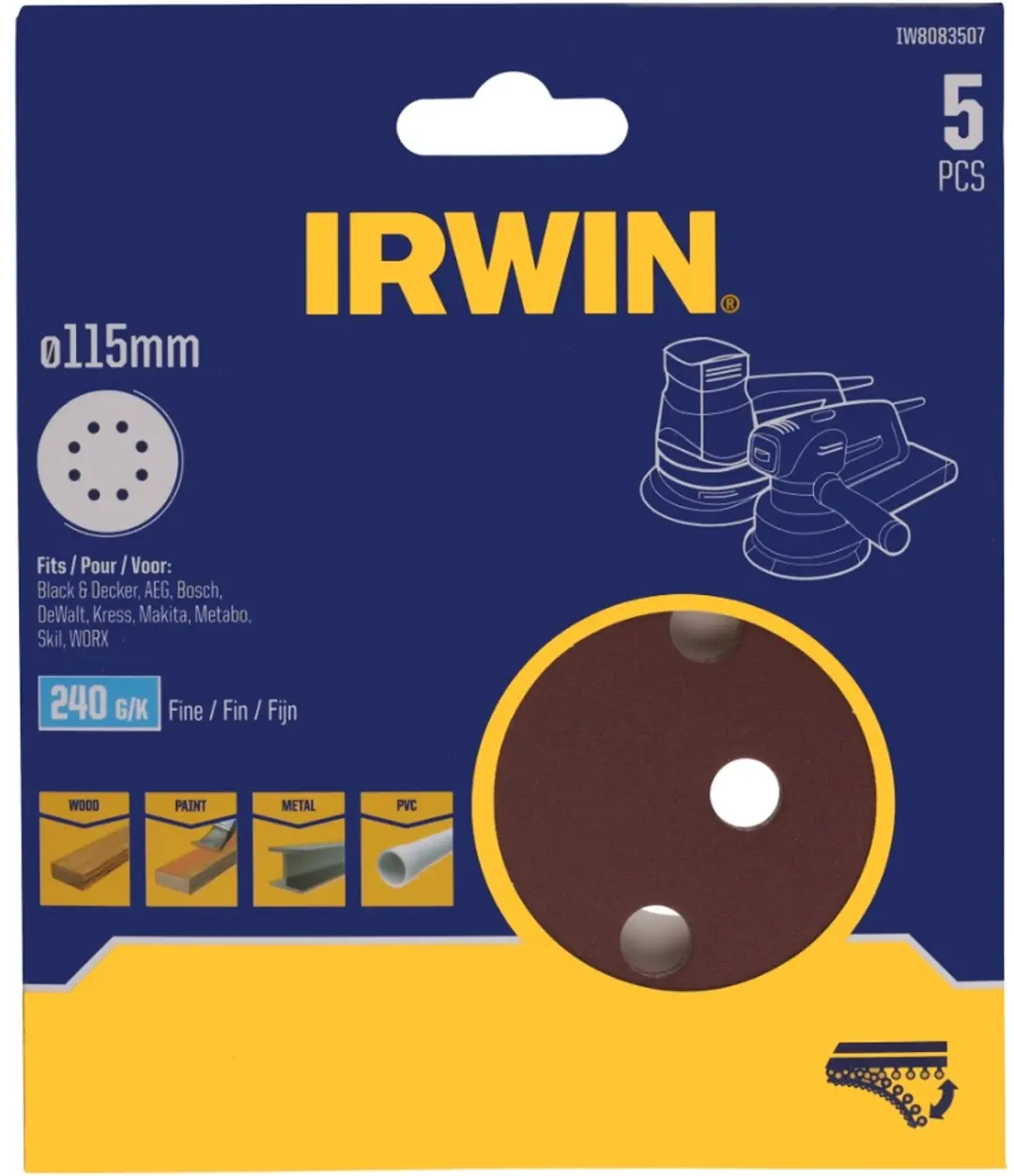 Irwin schuurschijf rond Ø115 mm zelfhechtend K240, 5 stuks
