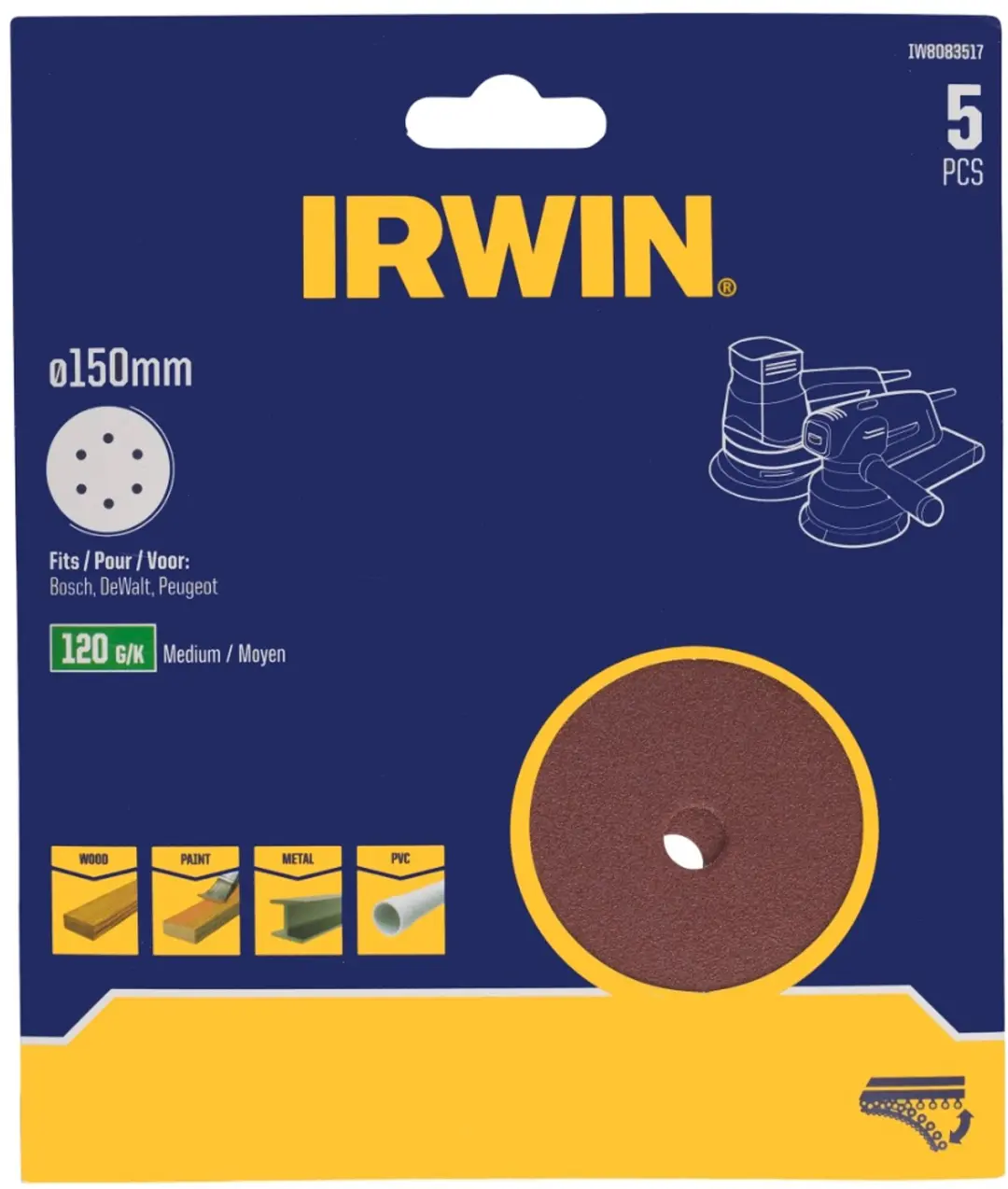 Irwin schuurschijf rond Ø150 mm zelfhechtend K120, 5 stuks