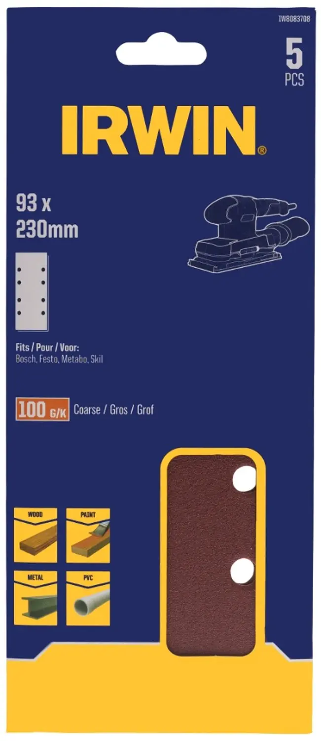 Irwin schuurvel 230 x 93 mm K100 voor klembevestiging, met perforatie voor Bosch
