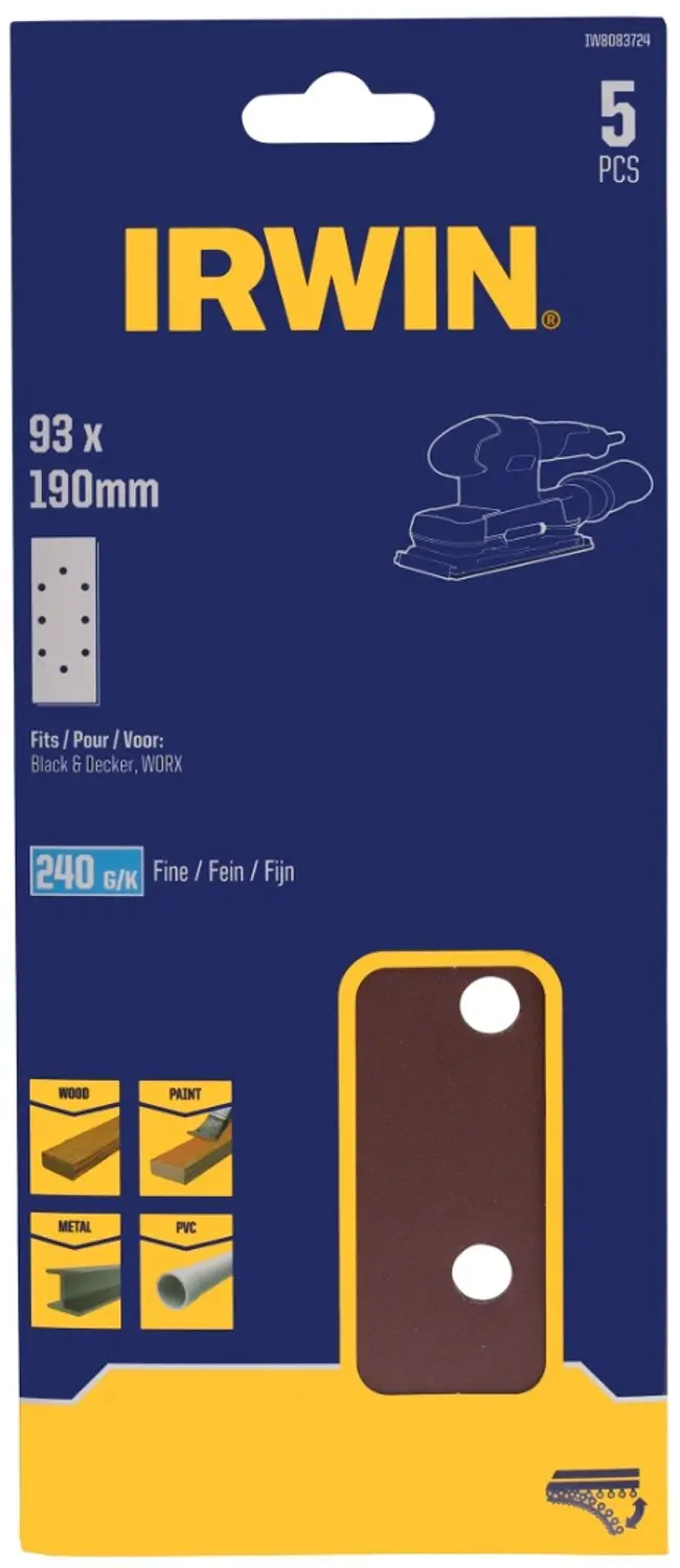 Irwin schuurvel 190 x 93 mm K120 zelfhechtend, met perforatie voor B+D, 5 stuks.