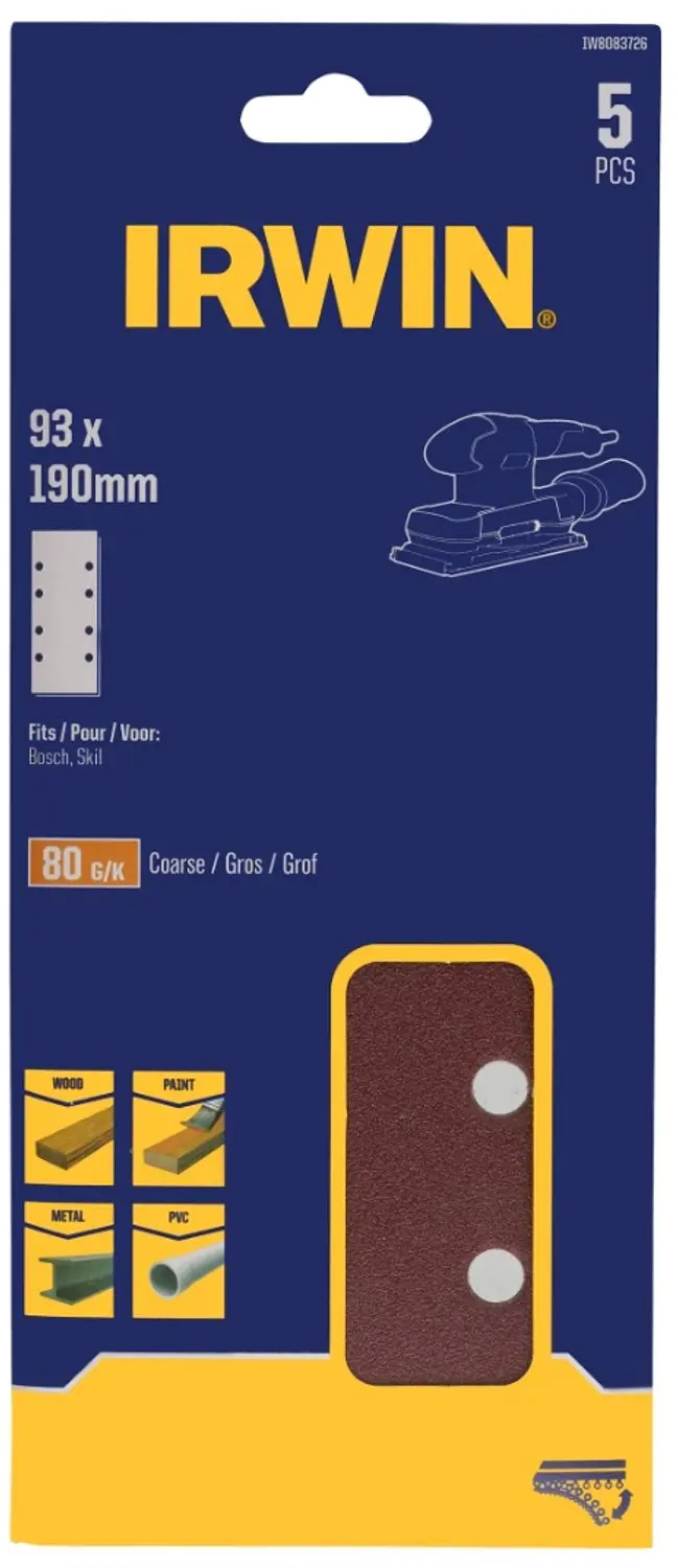 Irwin schuurvel 190 x 93 mm K240 zelfhechtend, met perforatie voor B+D, 5 stuks.
