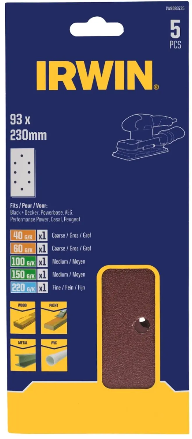 Irwin schuurvel 230 x 93 mm K40/K60/K100/K150/K220 voor klembevestiging, met per
