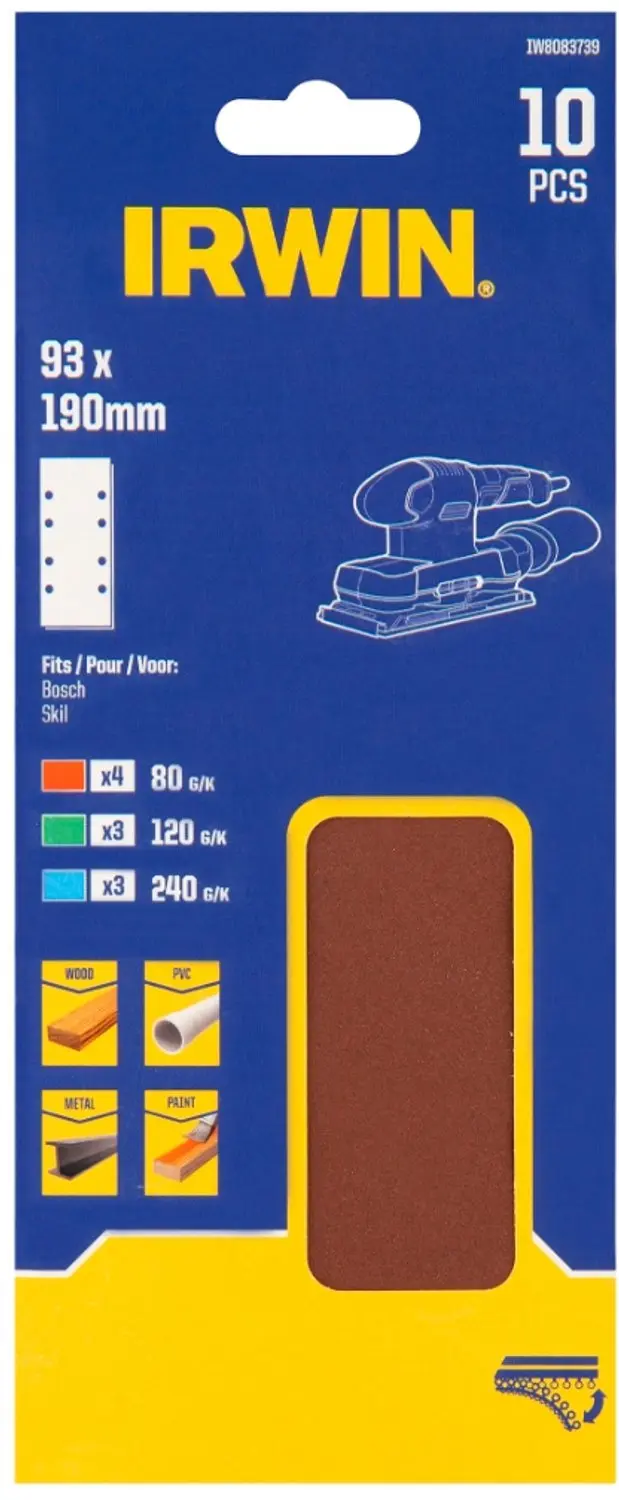 Irwin schuurvel 190 x 93 mm K80/K120/K240 zelfhechtend, met perforatie voor Bosc