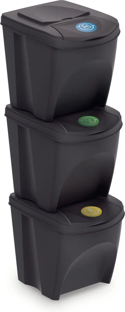 Set van 3x kunststof afvalscheidingsbakken antraciet/donkergrijs van 25 liter