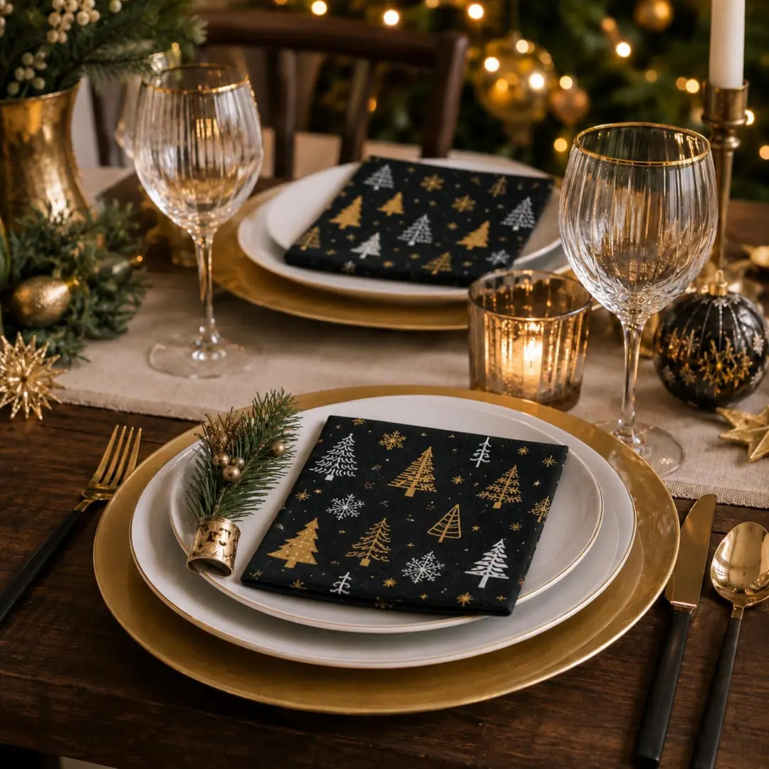 Duni Kerstservetten Kerstbomen 20 Stuks - 33x33cm - Zwart - afbeelding 6 van 6