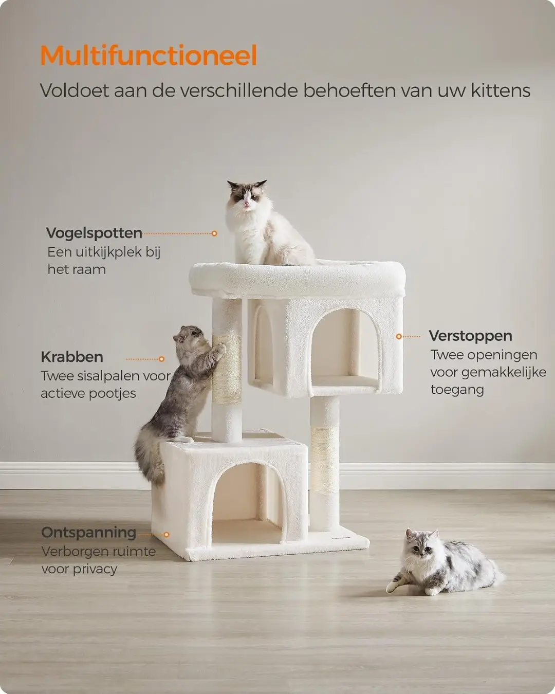 Songmics Krabpaal met Platform en Grotten 101cm - Crèmewit - afbeelding 3 van 6