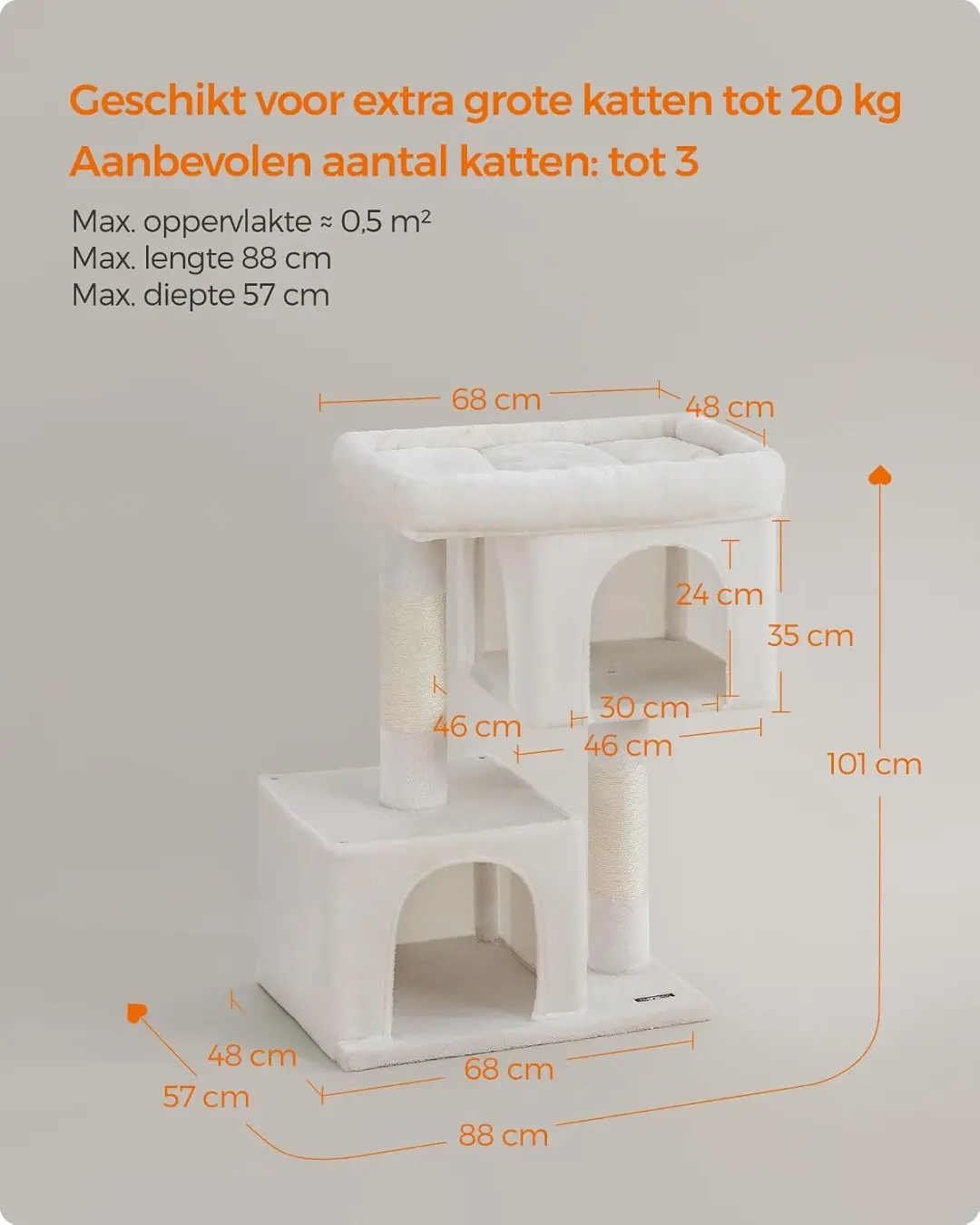 Songmics Krabpaal met Platform en Grotten 101cm - Crèmewit - afbeelding 4 van 6