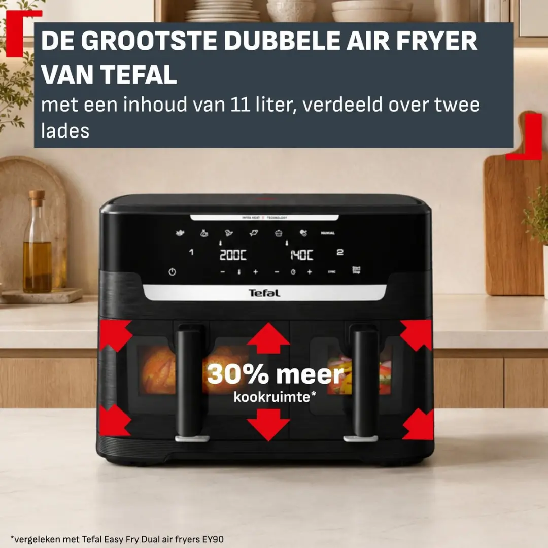 Tefal Ever Fry Dual XXL EY9488 Airfryer - 2700W - Zwart - afbeelding 5 van 6