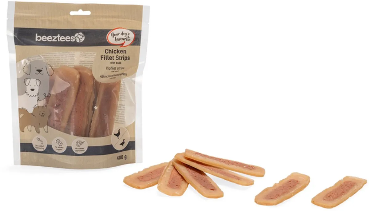 Beeztees Kipfilet Strips met Eend Hondensnack 400g