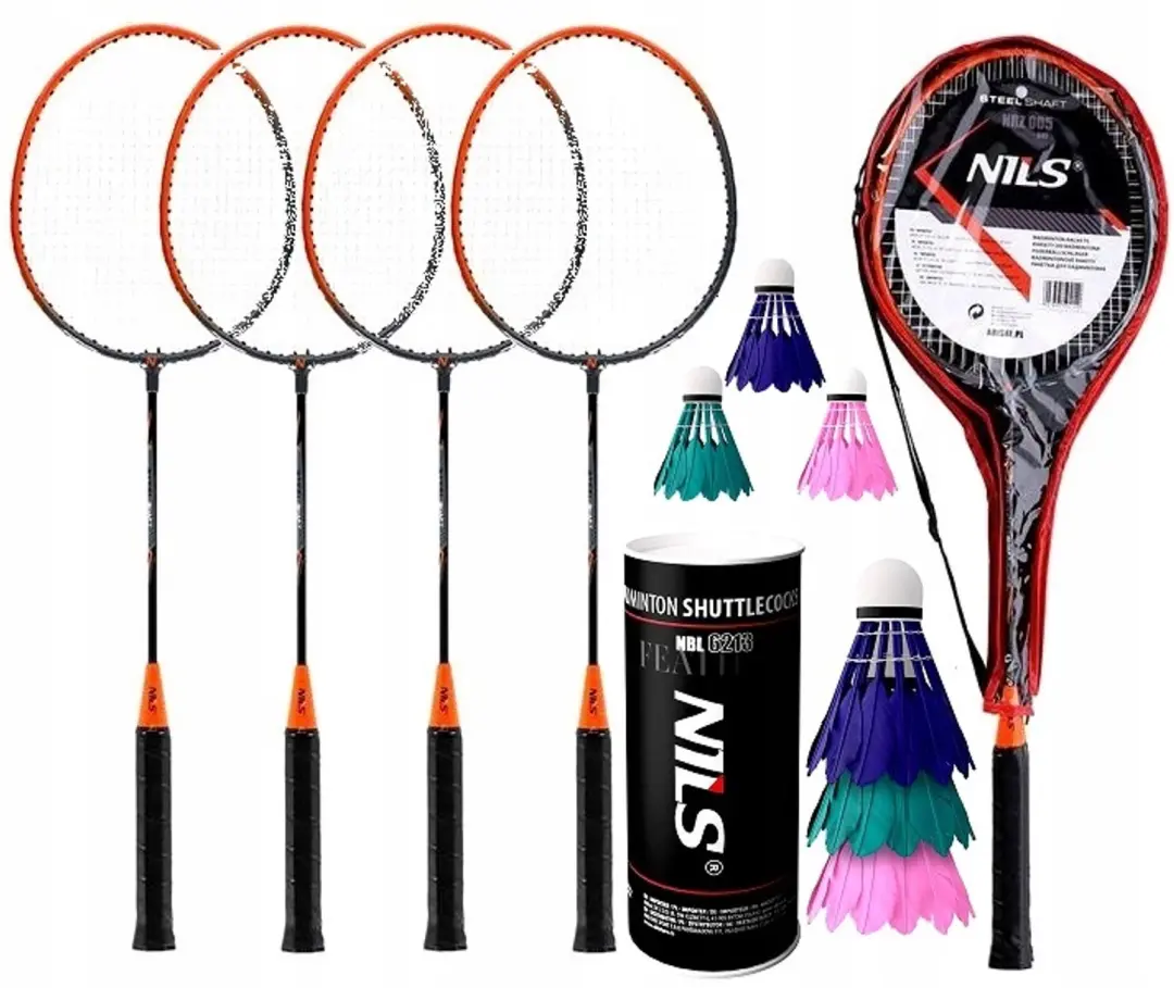 NILS Badminton Set: 4 Rackets, Steel, Feather Shuttlecocks