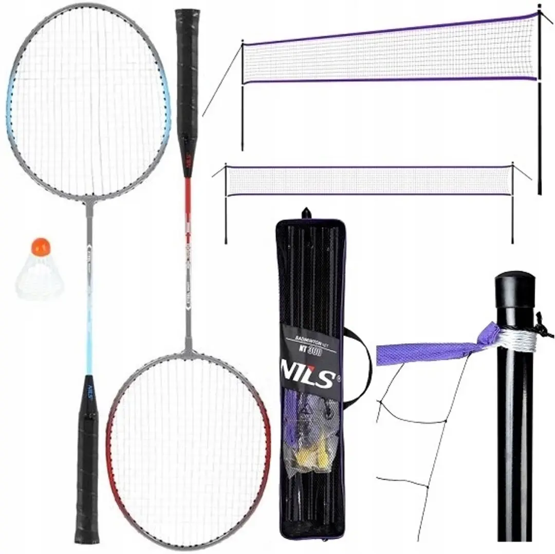 NILS Badminton Set: Stalen Rackets, Shuttle, Net & Tas