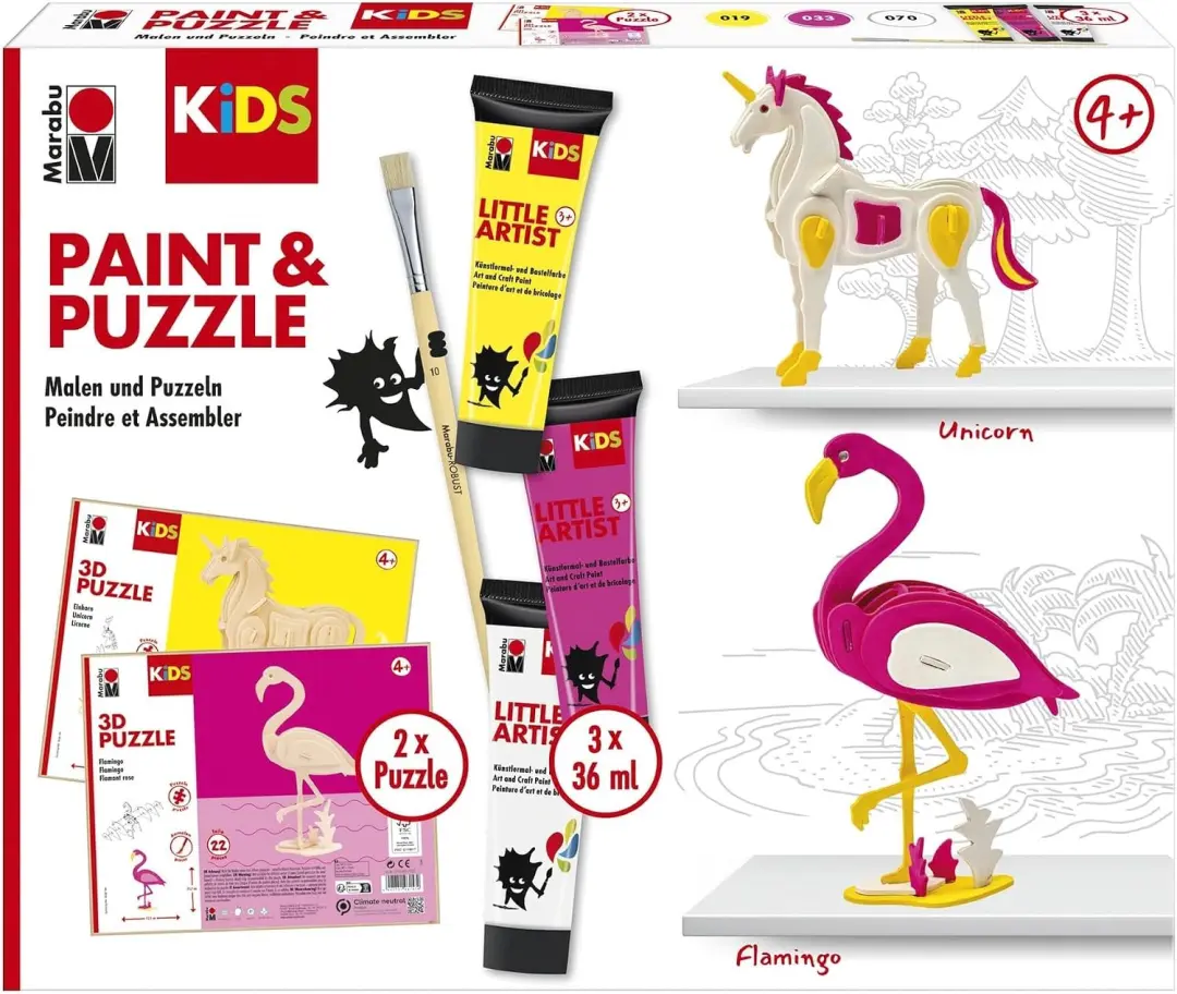 3D Puzzel Knutselset Kinderen: Flamingo & Eenhoorn, Verf & Kwasten