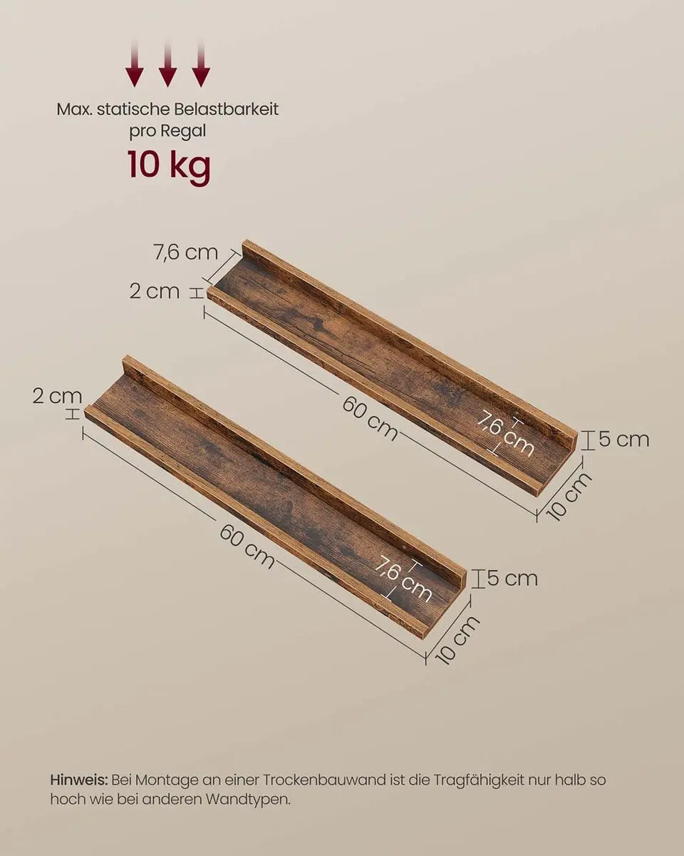 Songmics Wandplanken 2x60cm Vintage bruin - afbeelding 5 van 6