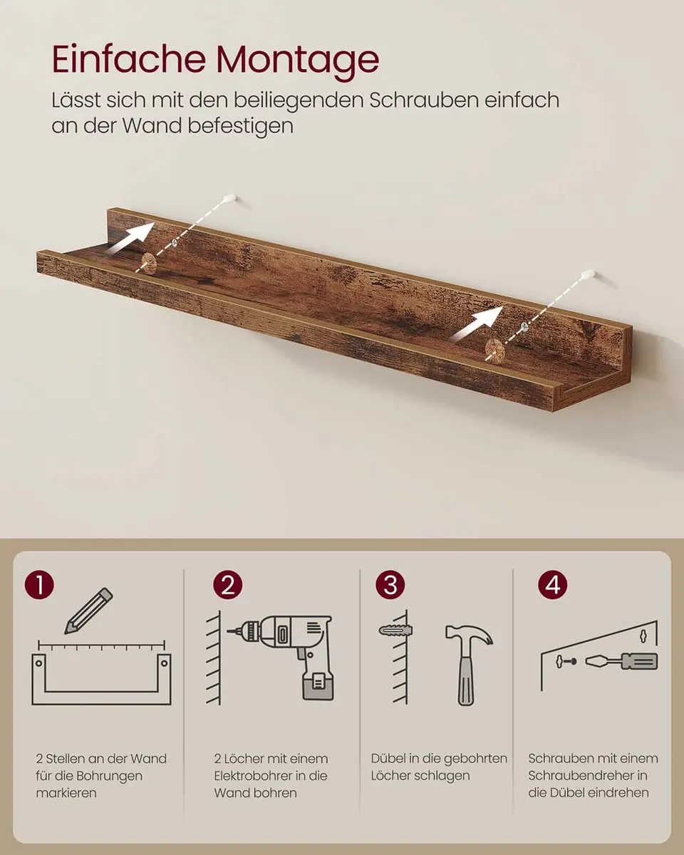 Songmics Wandplanken 2x60cm Vintage bruin - afbeelding 6 van 6