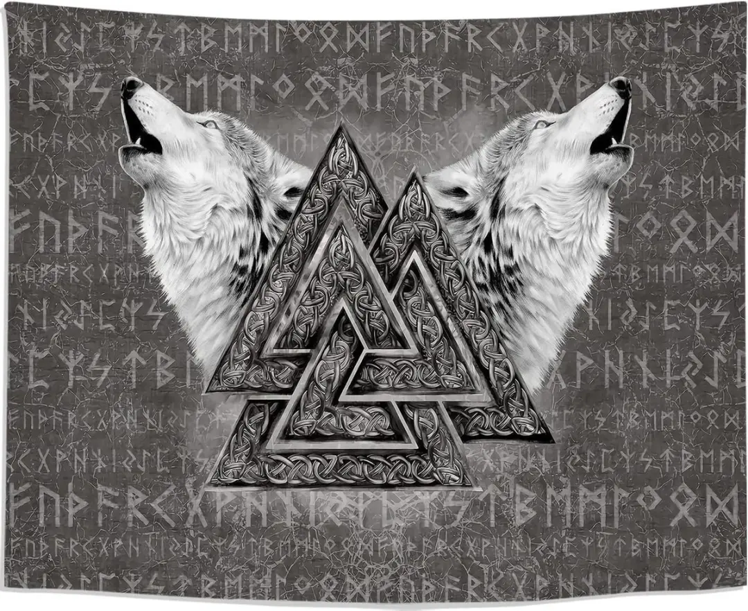 Viking Wandtapijt, Valknut, wandkunst, wandtapijt, wolf, totem rune, wandtapijt,