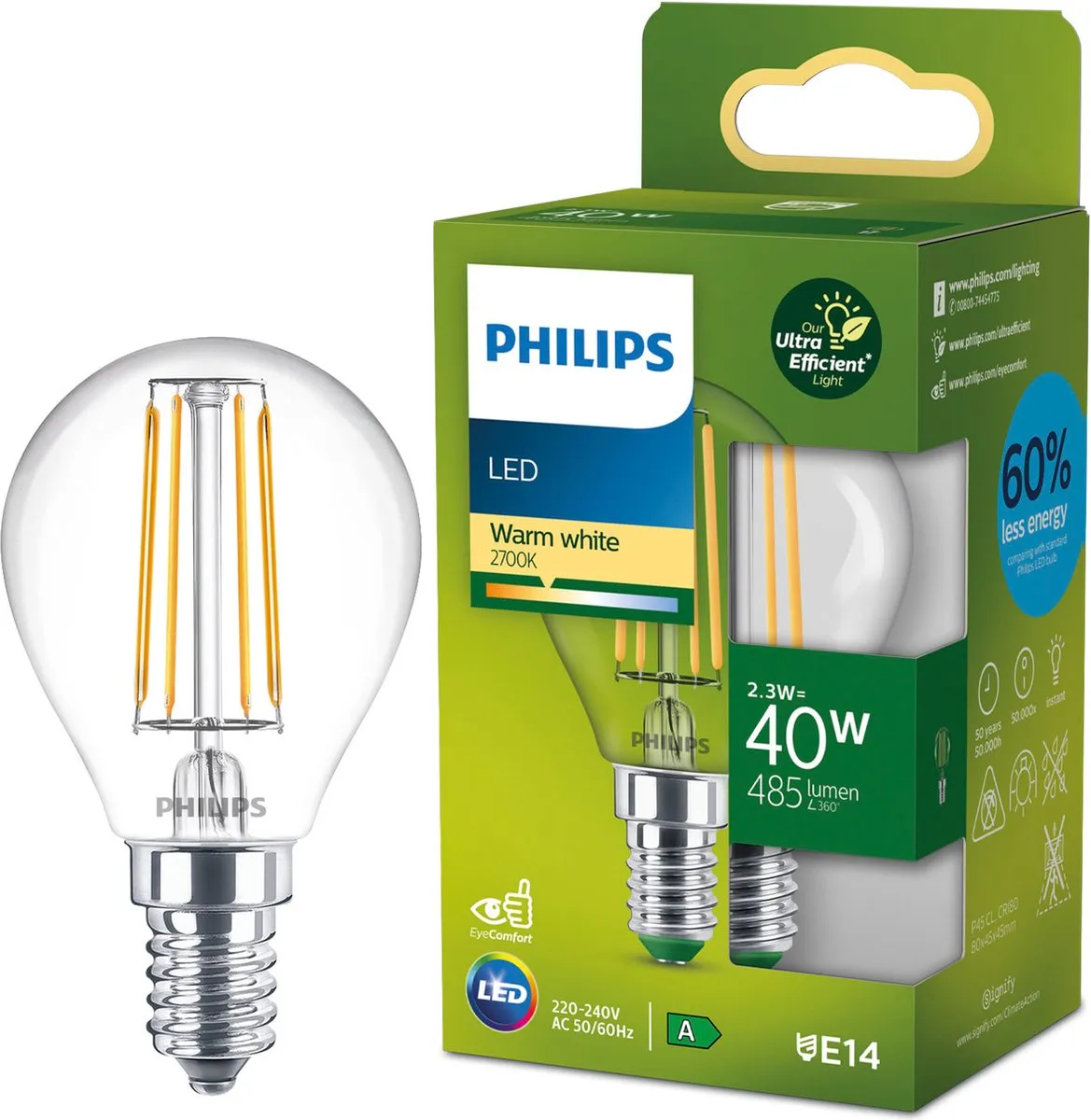 Philips Ultra Efficient LED Kogellamp E14 2.3W Warmwit