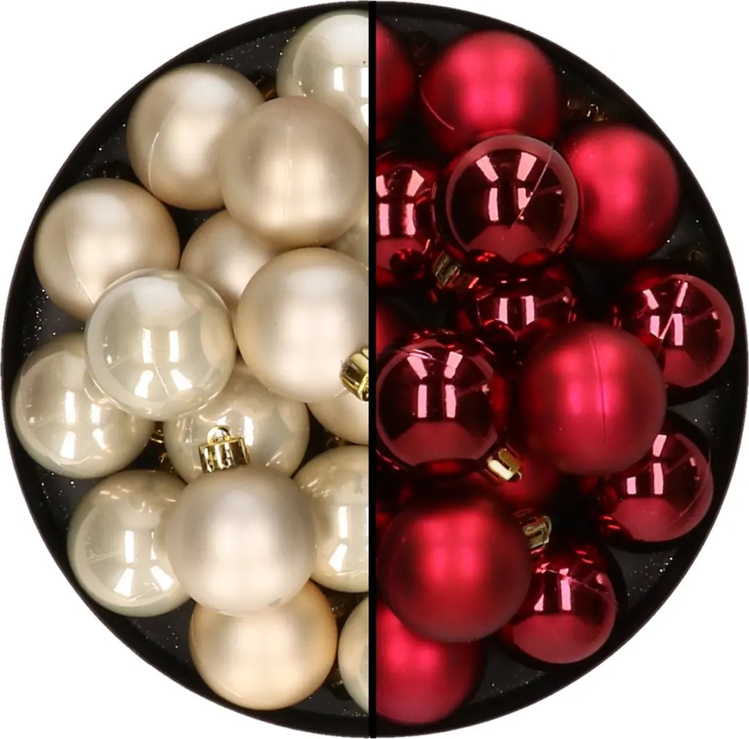 32x stuks kunststof kerstballen mix van champagne en donkerrood 4 cm