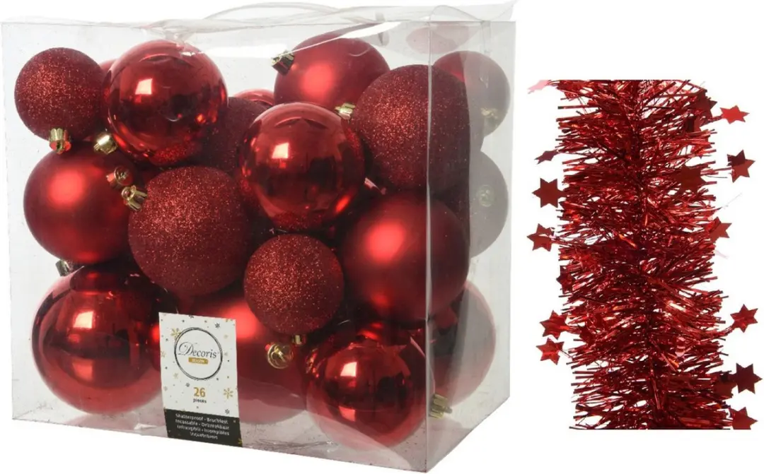 Kerstversiering kunststof kerstballen 6-8-10 cm met sterren folieslingers pakket