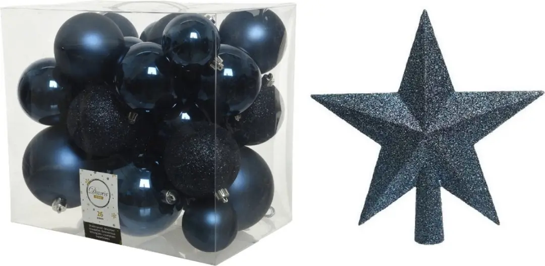 Kerstversiering kunststof kerstballen donkerblauw 6-8-10 cm pakket van 27x stuks