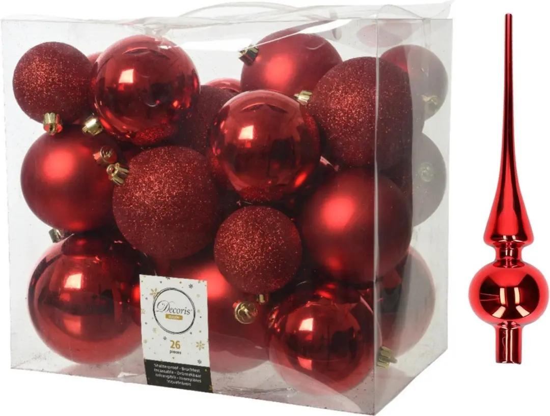 Kerstversiering kunststof kerstballen rood 6-8-10 cm pakket van 27x stuks