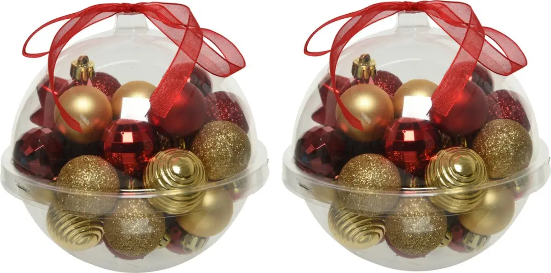 60x stuks kleine kunststof kerstballen rood/donkerrood/goud 3 cm