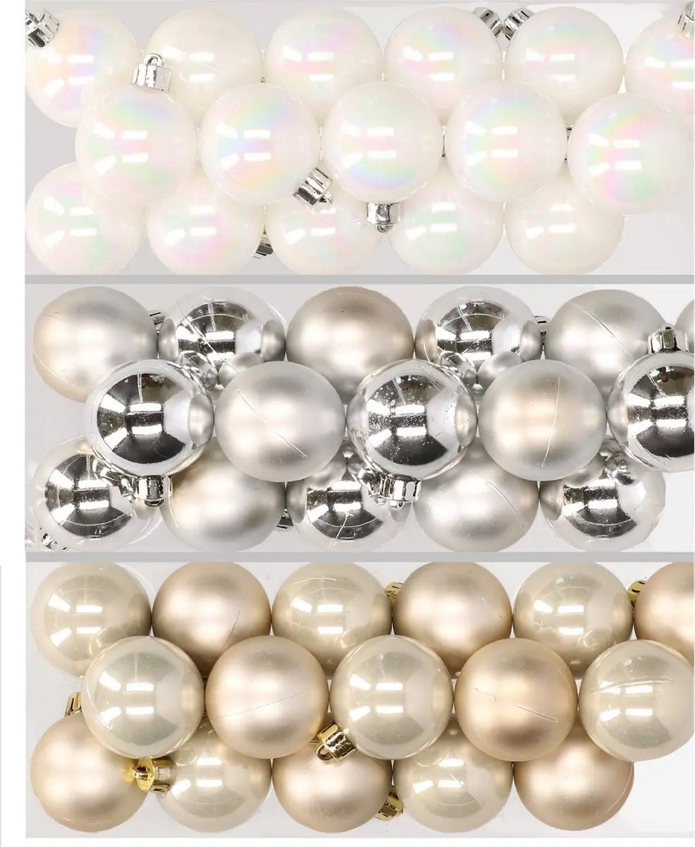 48x stuks kunststof kerstballen mix van parelmoer wit, zilver en champagne 4 cm