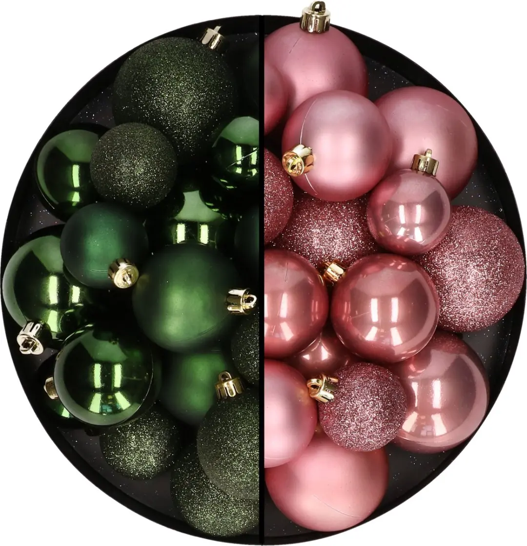 Kerstballen 60x stuks - mix donkergroen/oudroze - 4-5-6 cm - kunststof - kerstversiering