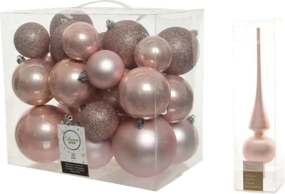 Decoris Kerstballen kunststof lichtroze - 6-8-10 cm - 27 stuks - mat en glans - met glazen piek 26 cm