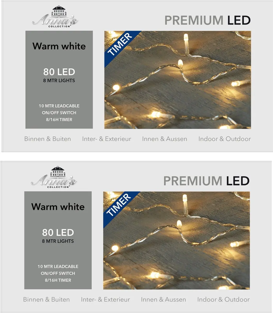 Set van 2x stuks kerstverlichting warm wit 80 lampjes 800 cm lichtsnoer met time