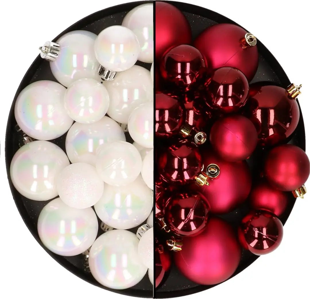 Kerstversiering kunststof kerstballen kleuren mix parelmoer wit/donkerrood 6-8-1