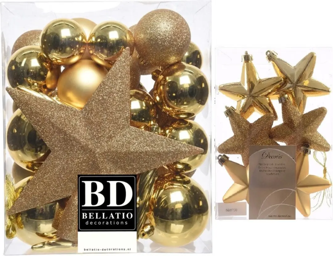 Kerstversiering kunststof kerstballen en hangers goud 5-6-8 cm pakket van 39x st