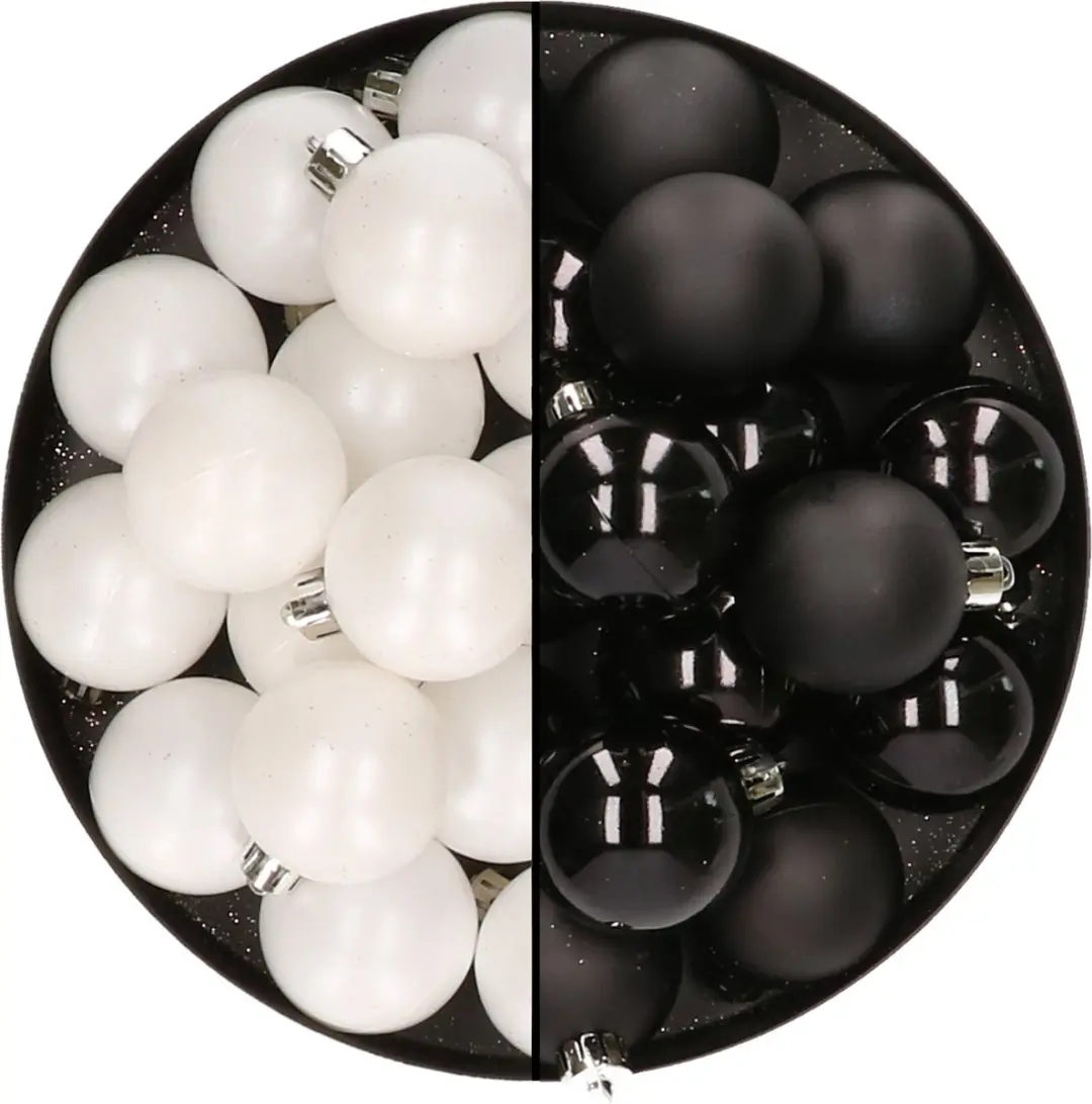 32x stuks kunststof kerstballen mix van wit en zwart 4 cm