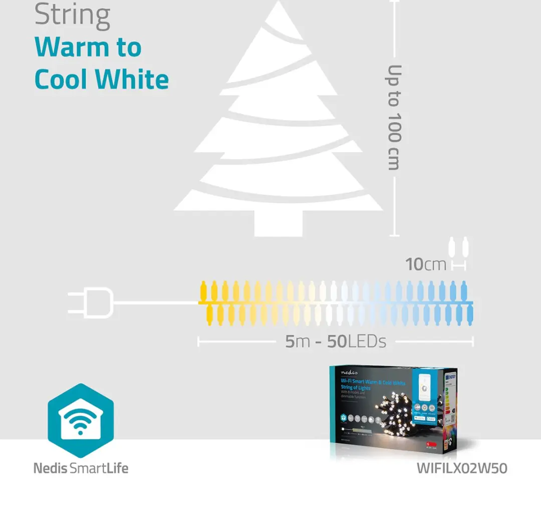 Nedis SmartLife Kerstverlichting Koord 50 LED 5m - Wi-Fi Warm tot Koel Wit - afbeelding 4 van 6