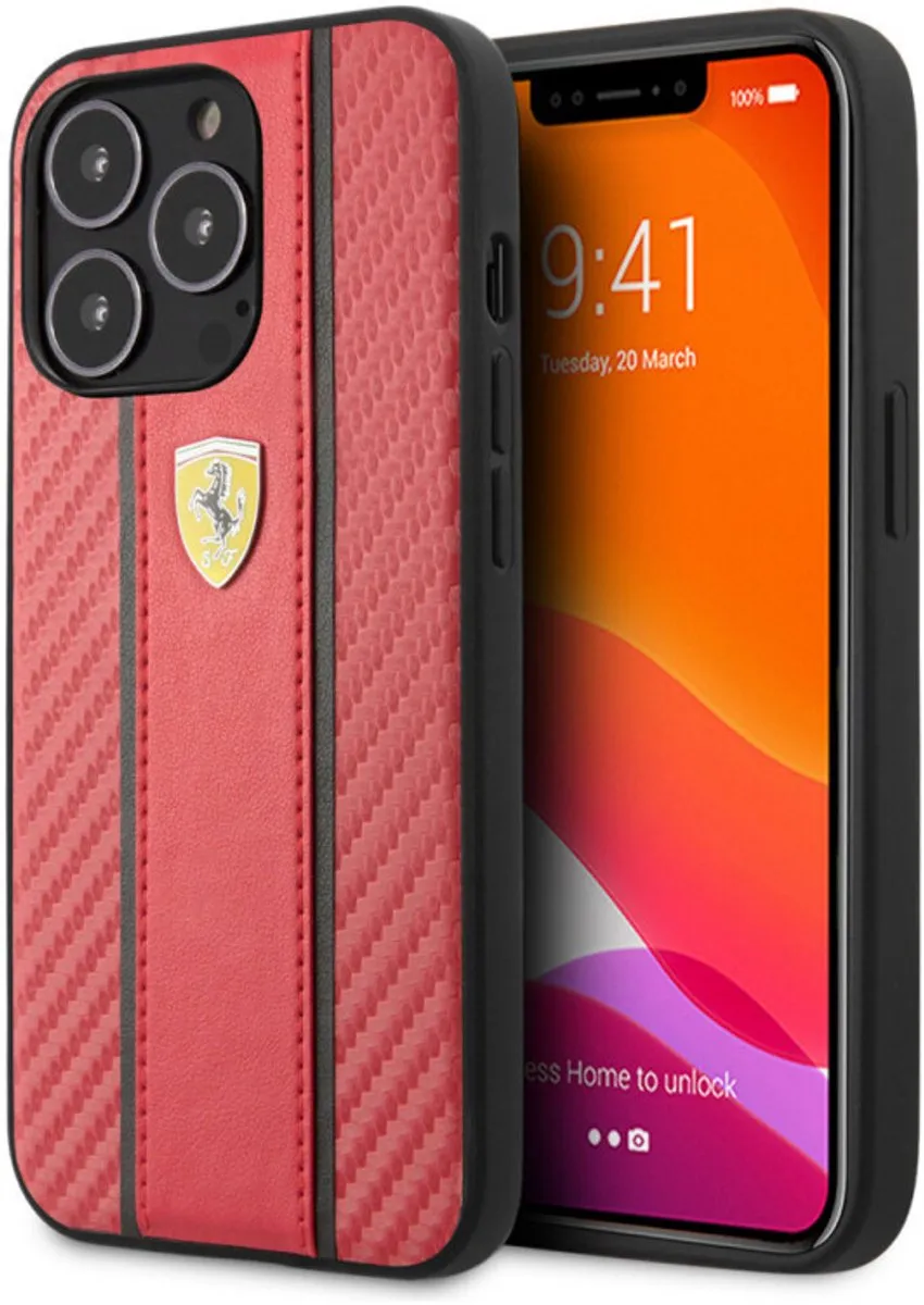 Ferrari iPhone 13 Pro Back Cover - Rood - Carbonlook