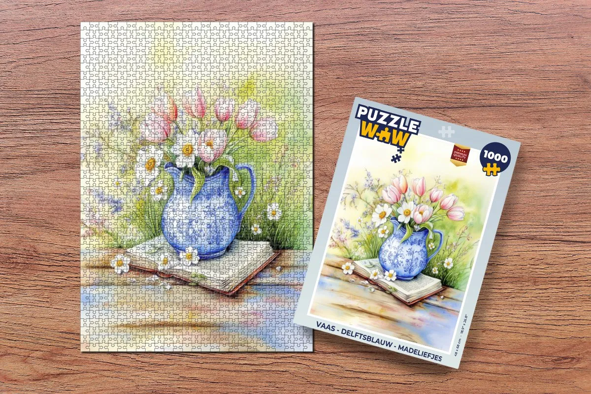 PuzzleWow Madeliefjes Puzzel 1000 Stuks - Delftsblauw Vaas