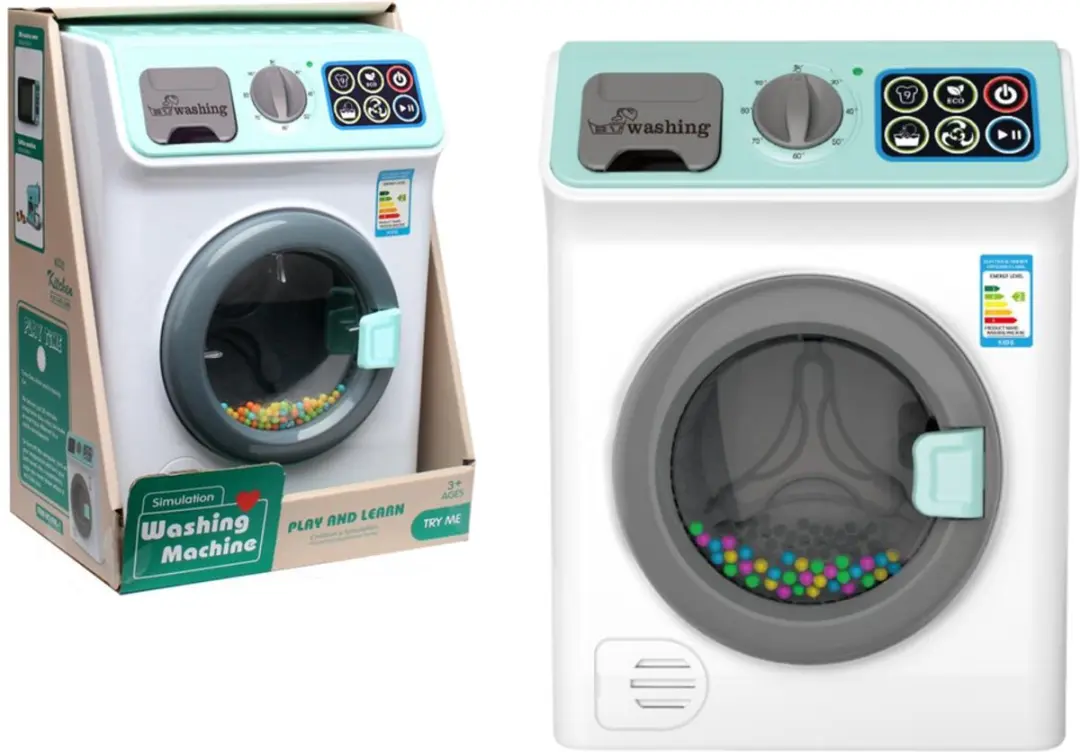 Wasmachine met batterijgeluiden die trommelkleurige ballen openen
