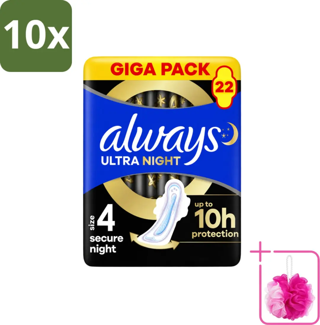 10 x Always – Maandverband – Ultra Secure Night – 22 stuks - Bulkverpakking - Maandverband nacht - Douchemop - Nachtmaandverband