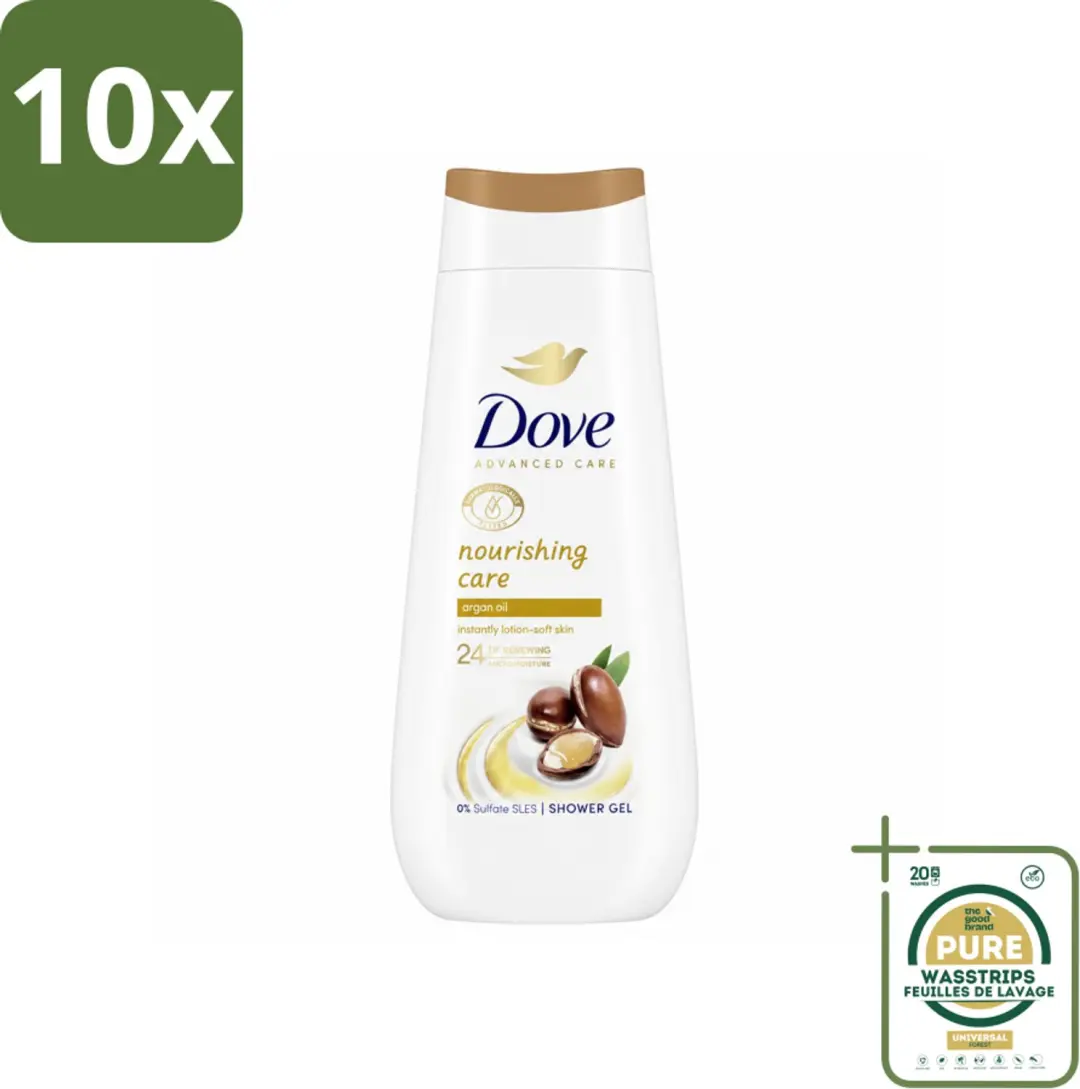 10 x Dove Douchecrème - Nourishing Care - Arganolie - 225 ml - Wasstrips - Douchegel - Arganolie - Hydratatie - Droge Huid - Voedende Huid