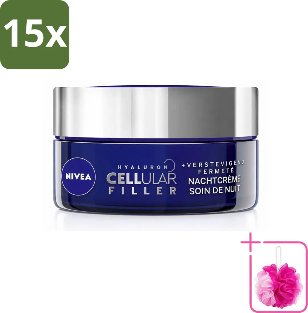 15 x NIVEA - Nachtcrème - CELLular Expert Filler Anti-Veroudering - Voor alle huidtypes - Met Hyaluronzuur & Foliumzuur - Anti-Rimpel & Hydraterend - 50 ml - Bulkverpakking - Anti-aging crème - Douchemop - Nachtcrème