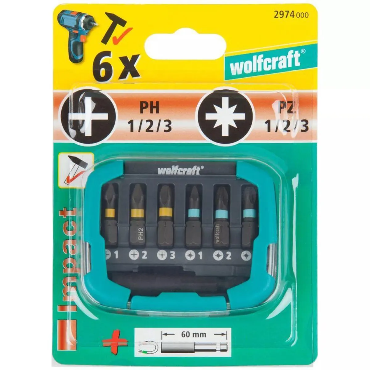 Wolfcraft Impact-bit-box PH/PZ 1-3 7-delig - Staal