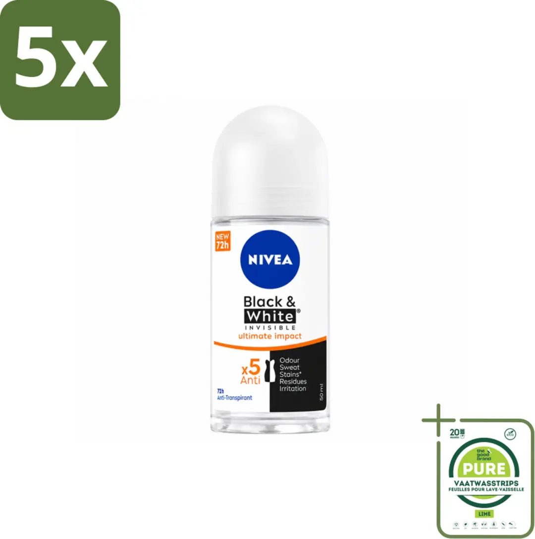 5 x NIVEA - Deodorant Roller - Zwart & Wit Ultieme Impact - 72 Uur Anti-Transpirant - 50 ml - Grootverpakking - Vaatwasstrips - Deodorant Roller - Anti-vlek - Anti-transpirant - Huidbescherming - Kledingbescherming