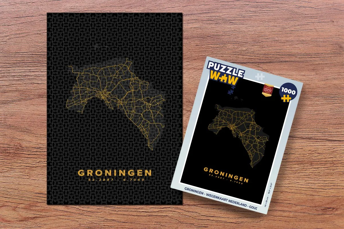 PuzzleWow Groningen Wegenkaart Nederland Legpuzzel 1000 Stuks - Goud