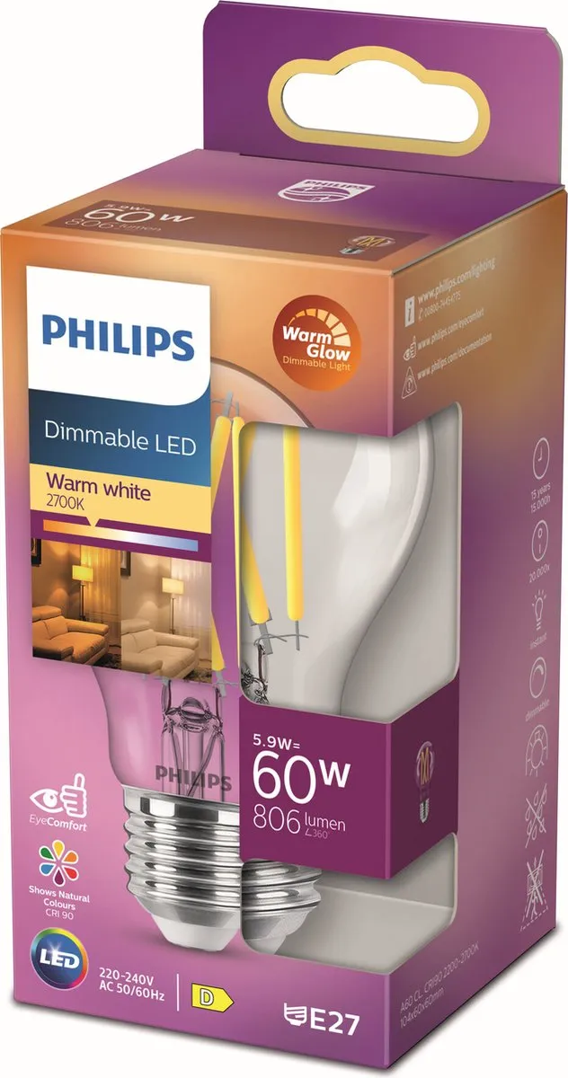 Philips LED Transparante Lamp 5.9W E27 - Warmwit 2700K